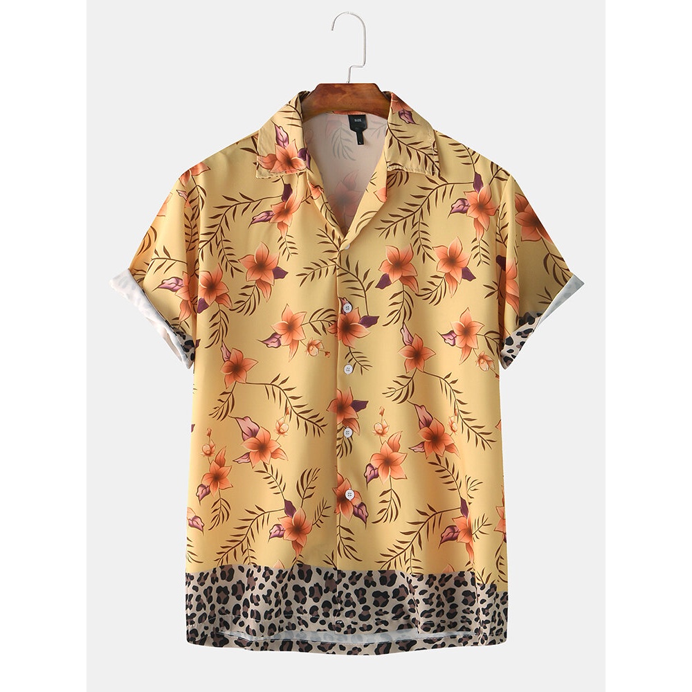 Mens Fashion Floral Printing Breathable Turn Down Collar Casual Shirts - M Yellow