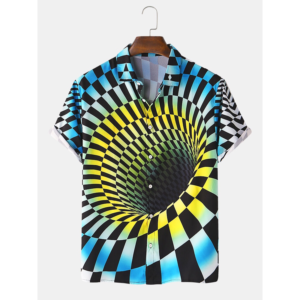 Mens Designer 3D Visual Colorblock Plaid Printed Short Sleeve Fashion Shirts - Pink M