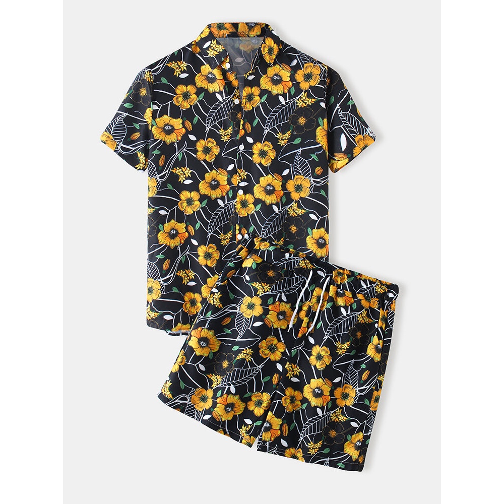 Mens Floral Plant Leaf Print Light Drawstring Shorts Casual Set - Black S