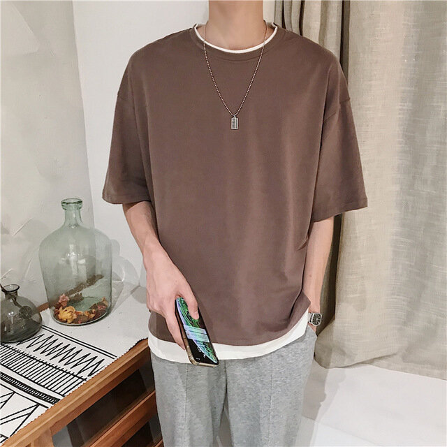 Men Two Pieces Stitching Short-sleeved Casual T-shirts - XL Khaki - Image 2