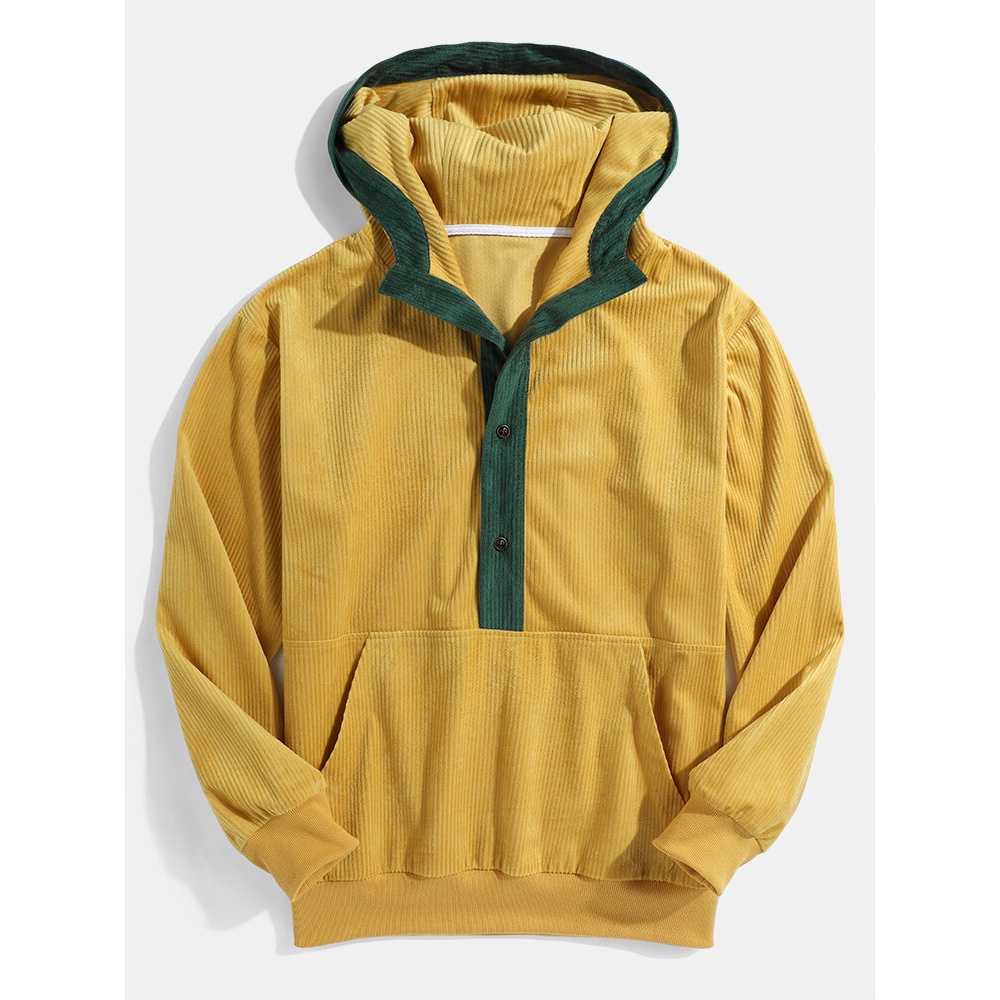 Corduroy Mens Patchwork Half Button Front Long Sleeve Kangaroo Pocket Hoodies - Yellow S