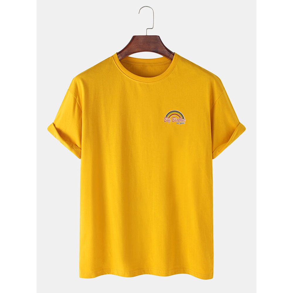 Cotton Rainbow Pattern Letter Print Breathable Short Sleeve T-Shirts - Yellow XL