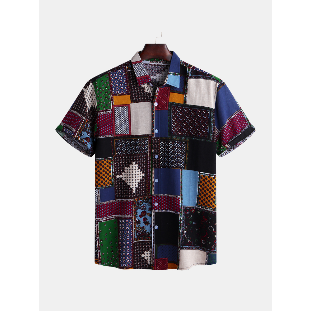 Mens Funny Patchwork Printed Summer Short Sleeve Loose Casual Fashion Shirts - S As shown