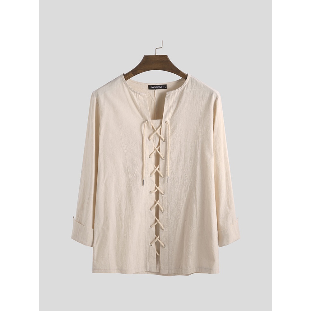 Mens Vintage Cotton Stand Collar Long Sleeve Loose Fit Casual T-Shirts - M Khaki