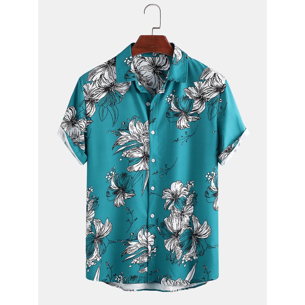 Mens Funny Floral Printing Breathable Loose Fit Casual Short Sleeve Shirts - Red XL