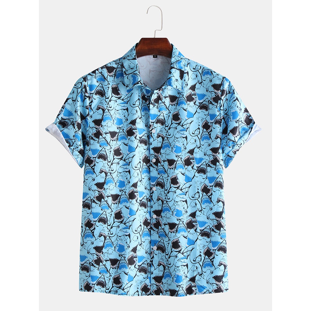 Mens Holiday Printing Short Sleeve Breathable Casual Shirts - M Blue