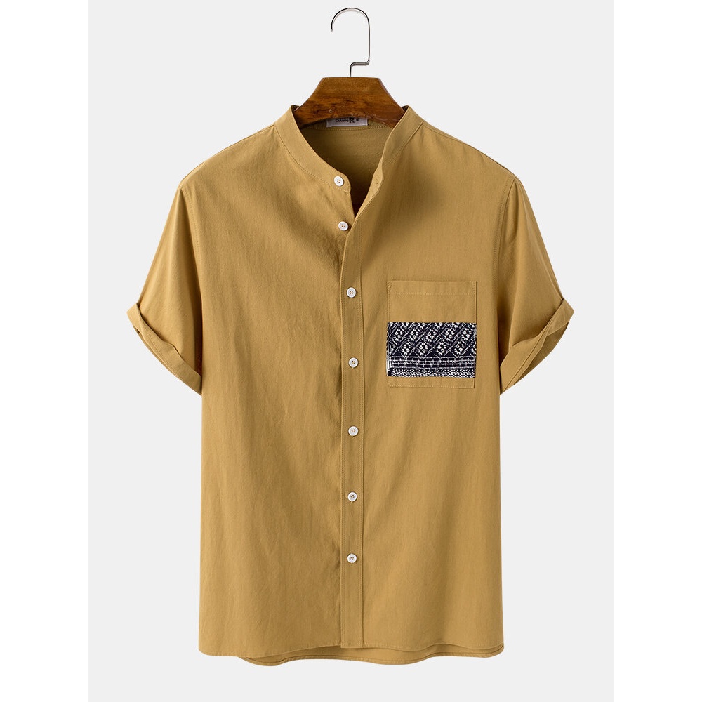 Mens 100% Cotton Stand Collar Patch Pocket Casual Short Sleeve Shirts - White M