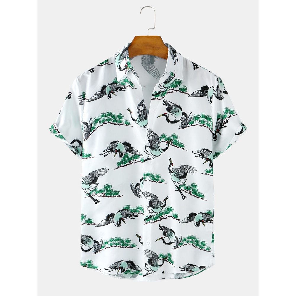 Mens Cartoon Crane Print Ethnic Style Short Sleeve White Shirts - White XL