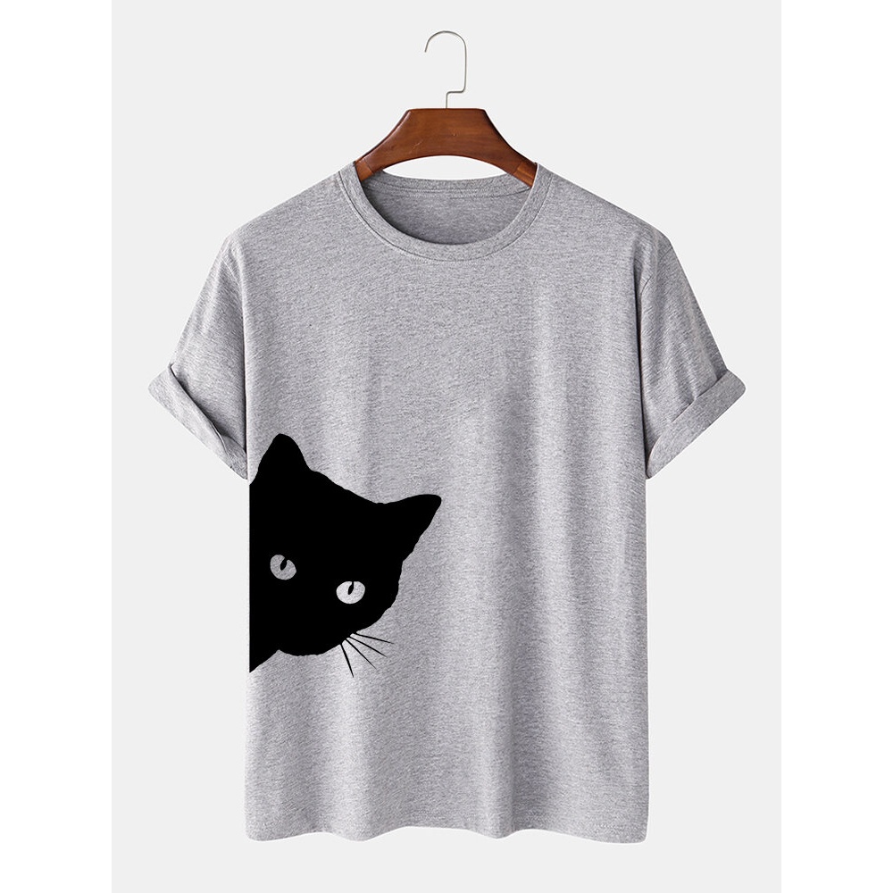 Mens 100% Cotton Cute Cartoon Cat Print Breathable Casual Short Sleeve T-Shirts - Grey S
