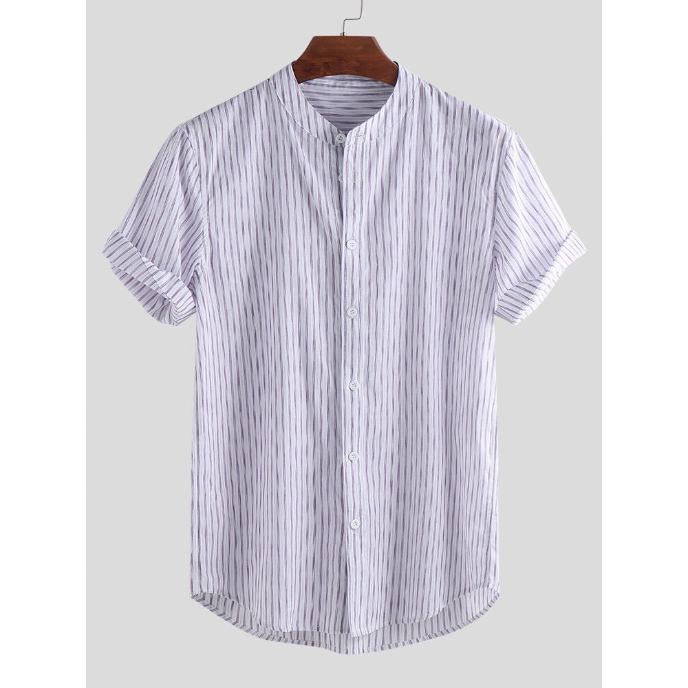 Men Vertical Stripe Relaxed Short Sleeve Shirts - L Purple