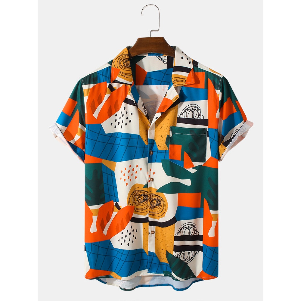 Mens Preppy Style Color Block Pocket Casual Shirts - Blue S