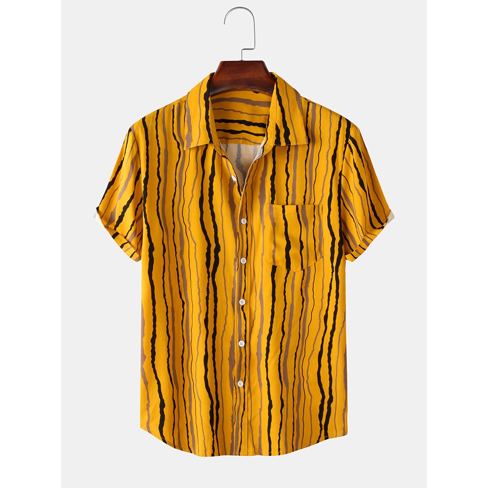 Men Print Pocket Turn Down Collar Short Sleeve Casual Shirts - Yellow L