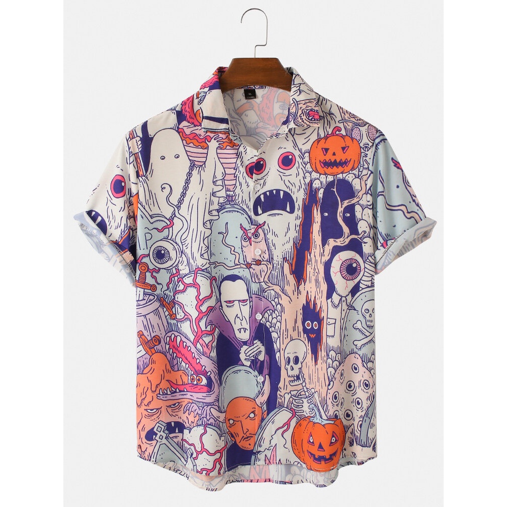 Mens  Funny Animal Pumpkin Figure Print Loose Casual Short Sleeve Shirts - Grey L