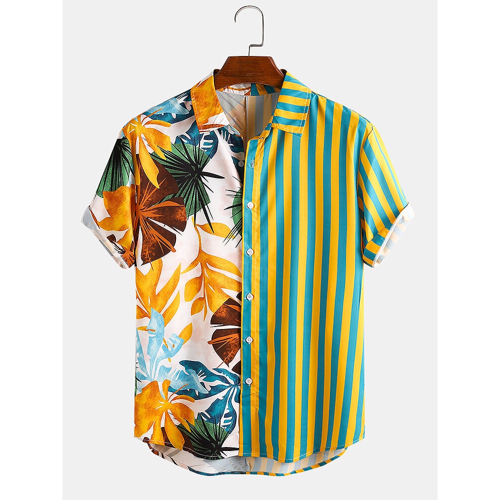 Men Tropical Leaf Colorful Stripe Mixed Print Short Sleeve Casual Holiday Shirts - Yellow L