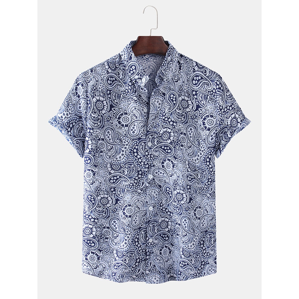 Mens Paisley Patterns Printing Breathable Fit Casual Shirts - Black S