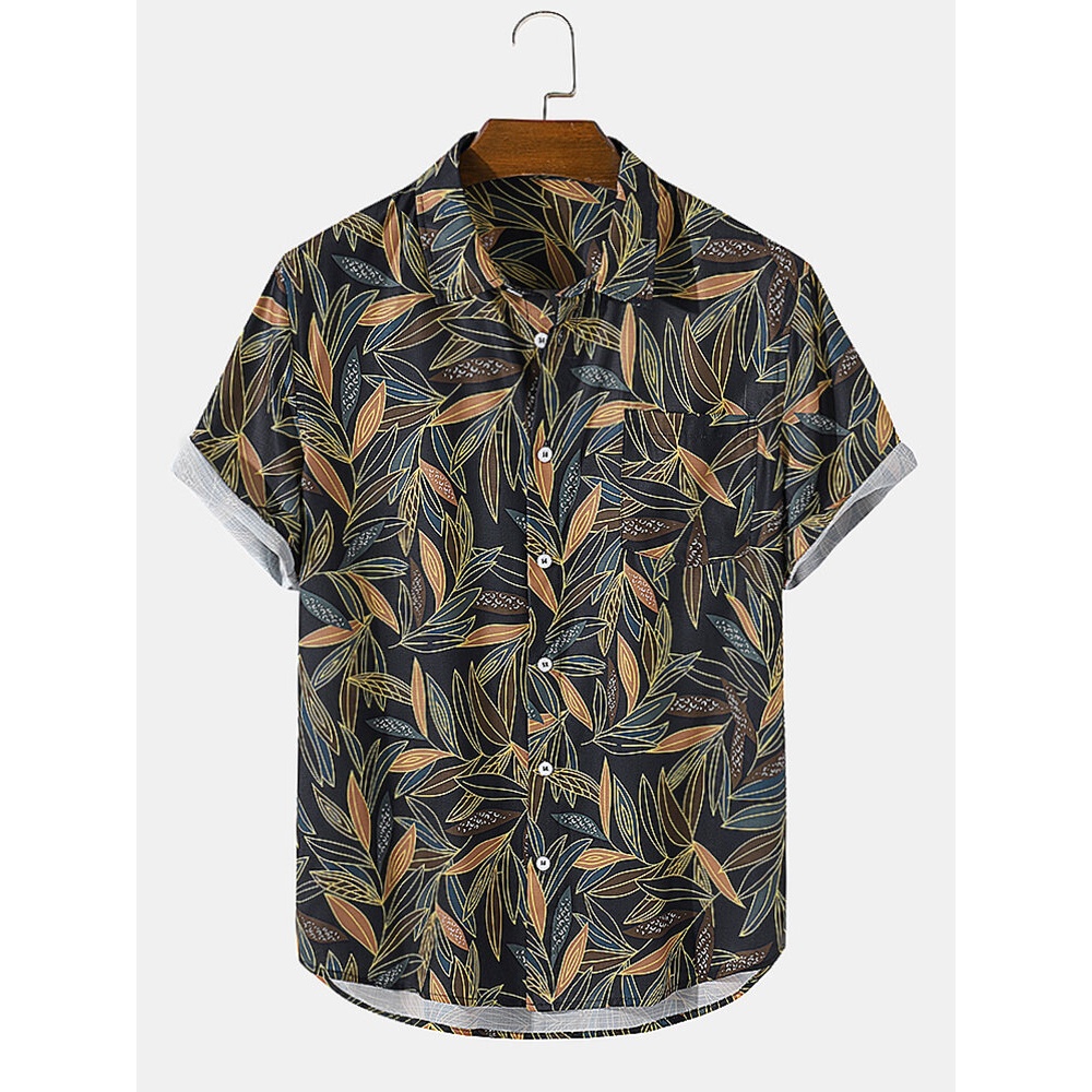 Mens Vintage Leaves Print Short Sleeve Casual Holiday Shirt - Navy S