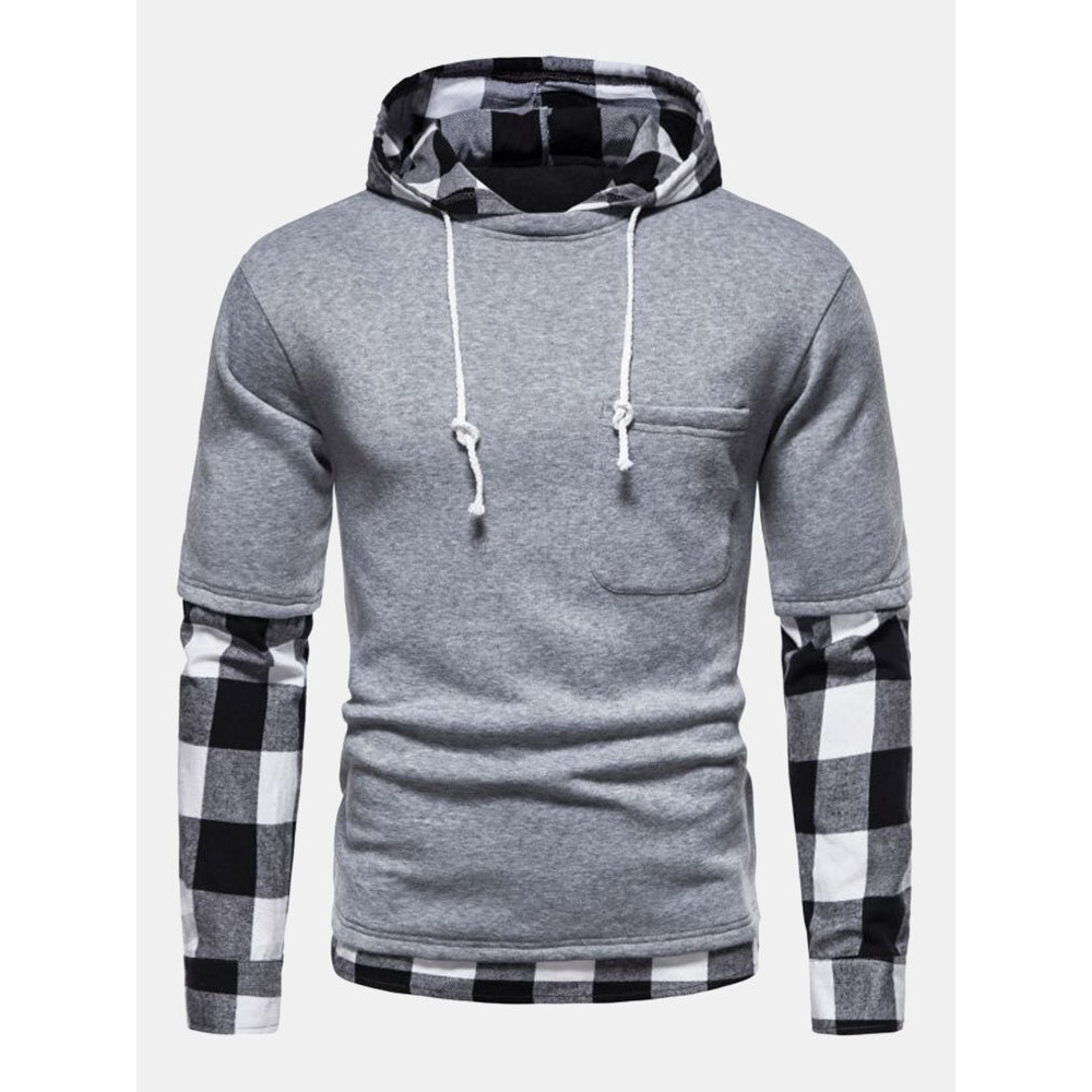 Men Splicing Plaid Fakes Two Contrast Pocket Pullover Hooded Sweatshirt - Black L