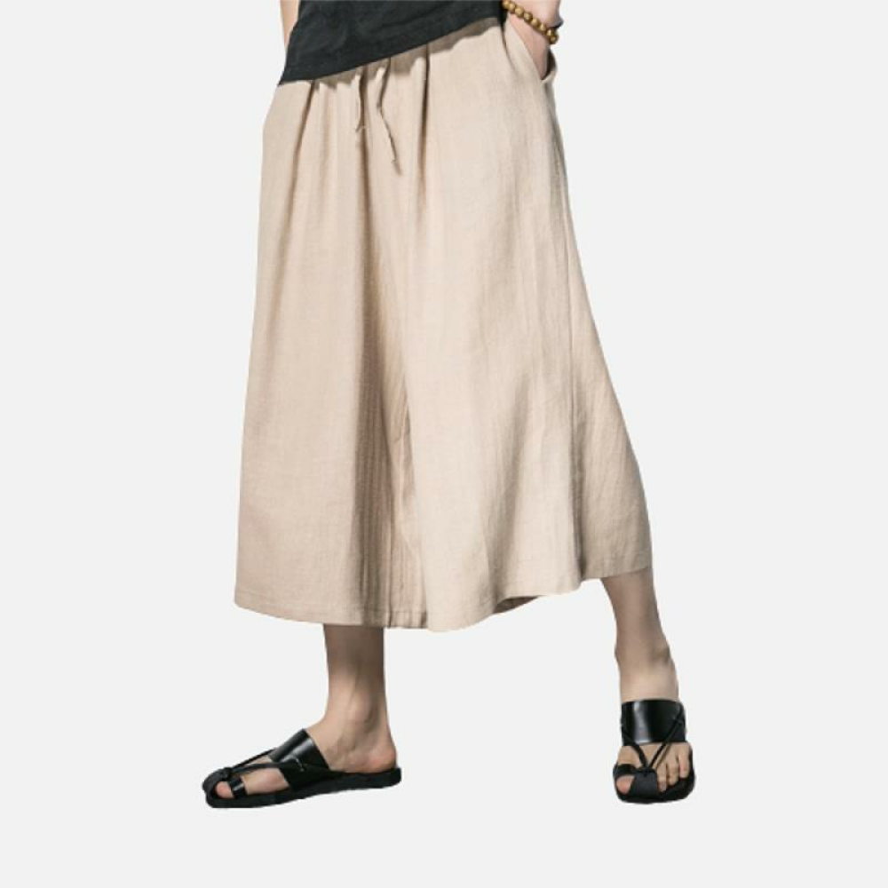 Mens Vintage Loose Comfy Linen Calf Lengh Pants - L Black