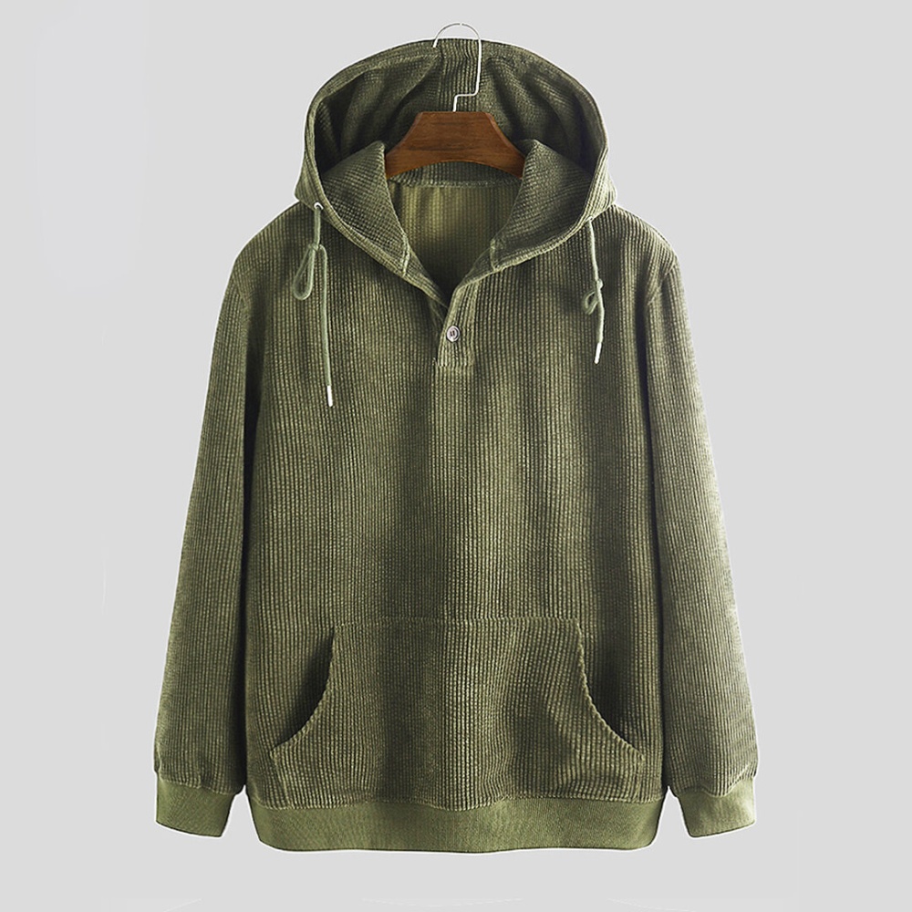 Corduroy Kangaroo Pocket Drawstring Hooded Sweatshirt - XL Coffee - Image 2