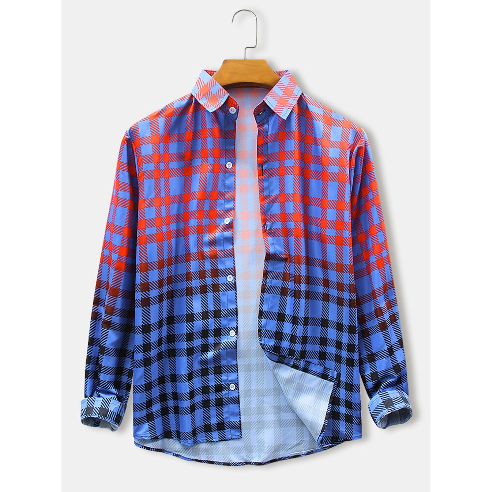 Mens Plaid Print Lapel Collar Long Sleeve Gradient Casual Shirts - Green M