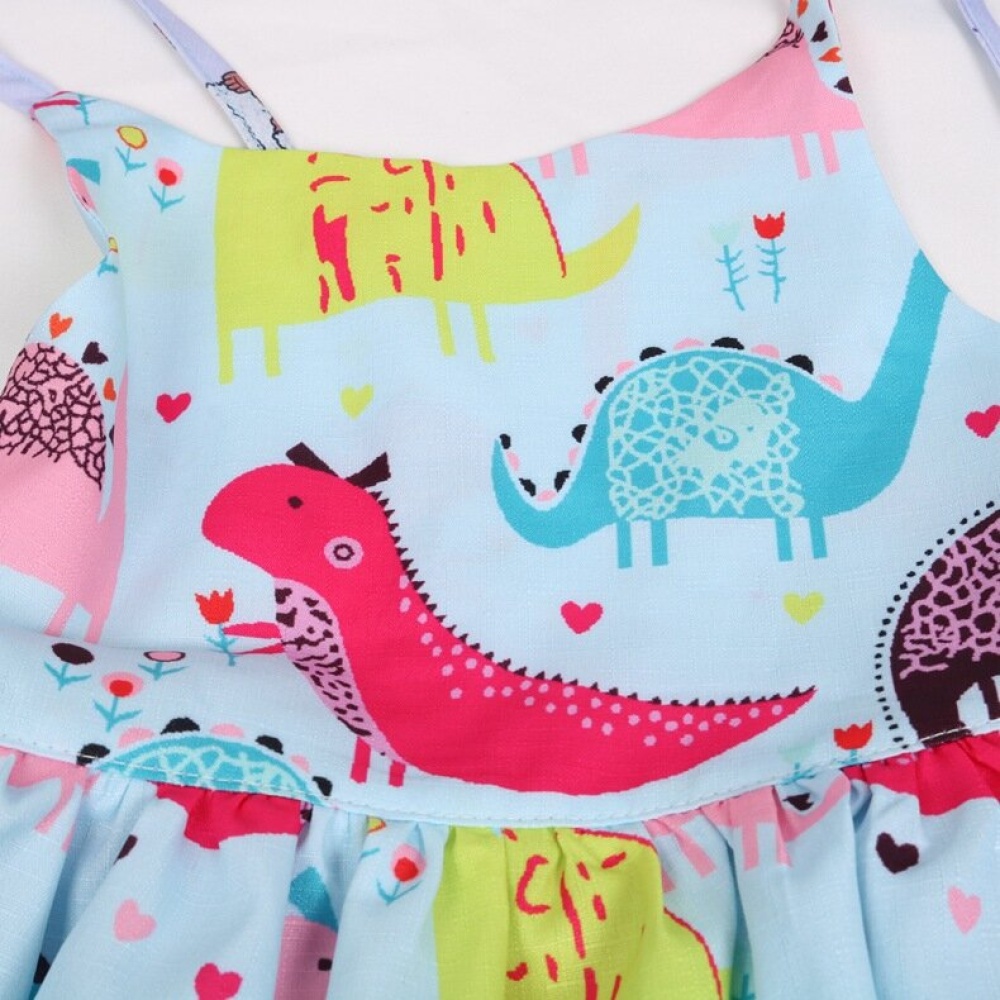 Summer Clothing Cartoon Dinosaur Printed Cotton Sleeveless Girls Dress - Light Blue 7-8 Y - Image 2