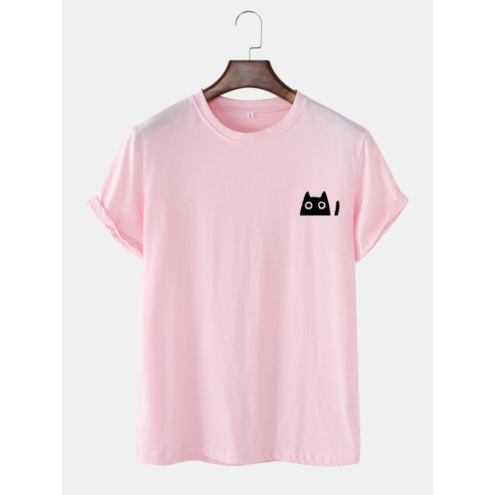 Mens Cute Cat Solid Color Casual O-Neck Short Sleeve T-Shirts - Green XL