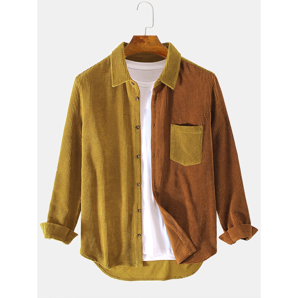 Corduroy Patchwork Turn Down Collar Chest Pocket Long Sleeve Shirts - Green S
