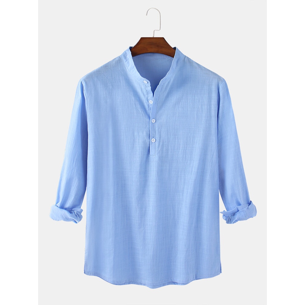 Mens Solid Color Cotton Linen Casual Long Sleeve Split Hem Henley Shirts - White S