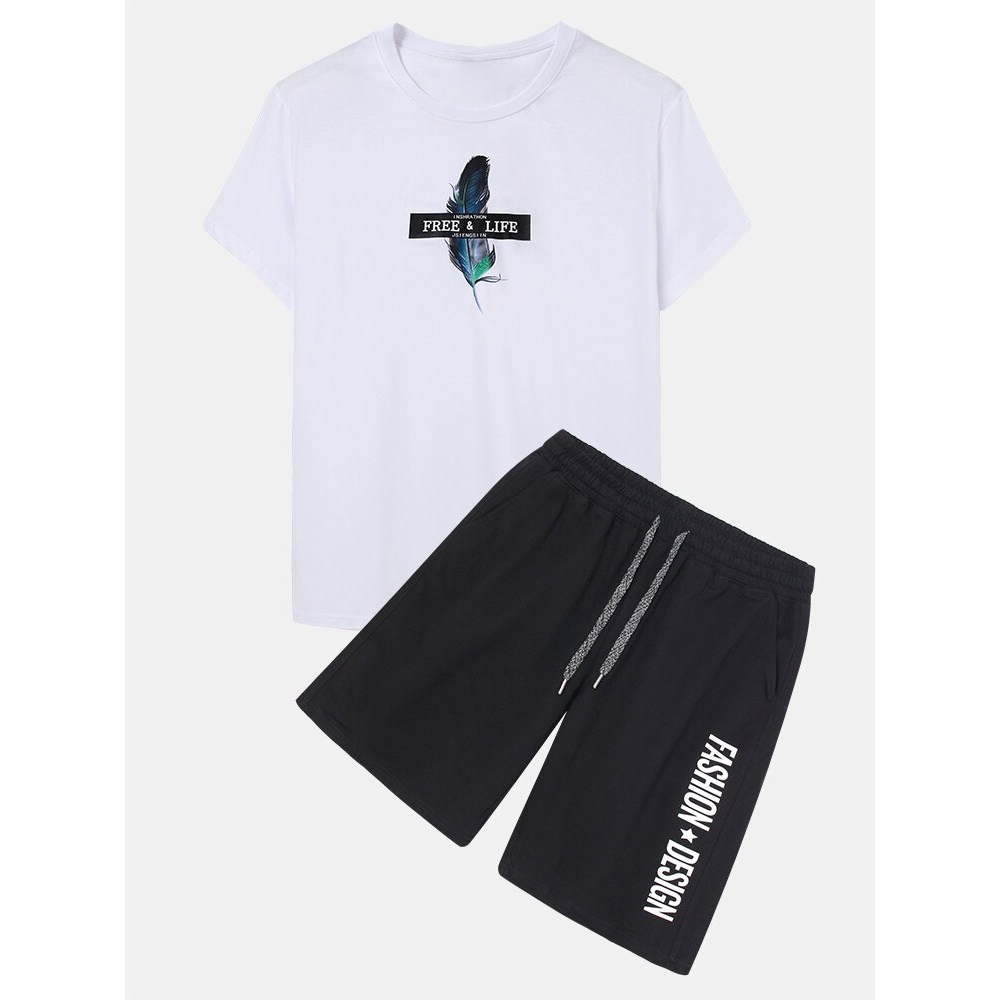 Cotton Men Feather Letter Print Short Sleeve Top Drawstring Two Piece Sport Suits - White M