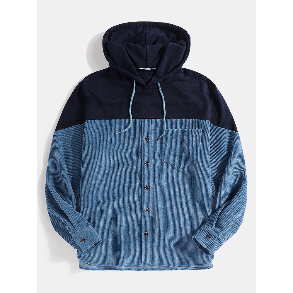 Mens Contrast Patchwork Corduroy Shirt Hem Casual Drawstring Hoodies With Pocket - Blue 2XL