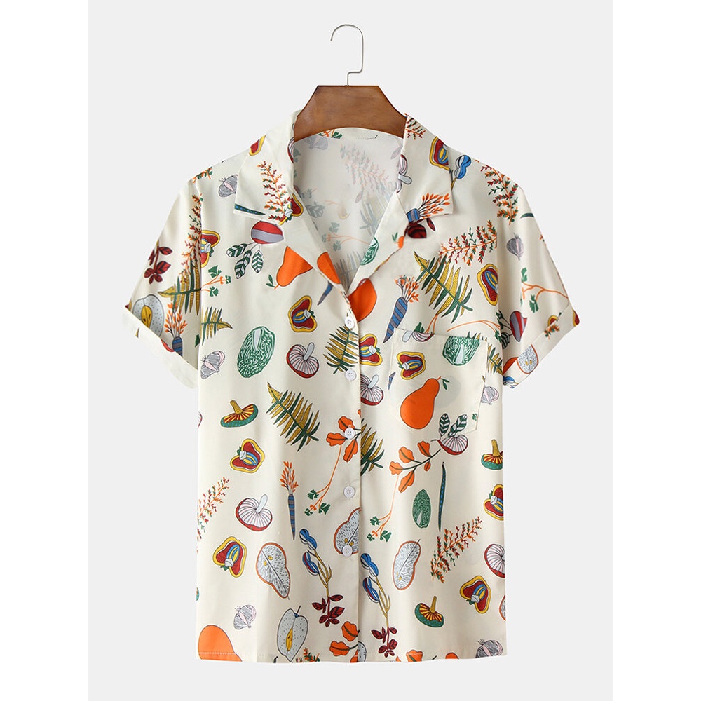 Men Women Fashion Cartoon Pattern Fruit Breathable Turn Down Collar Casual Shirts - Apricot 2XL