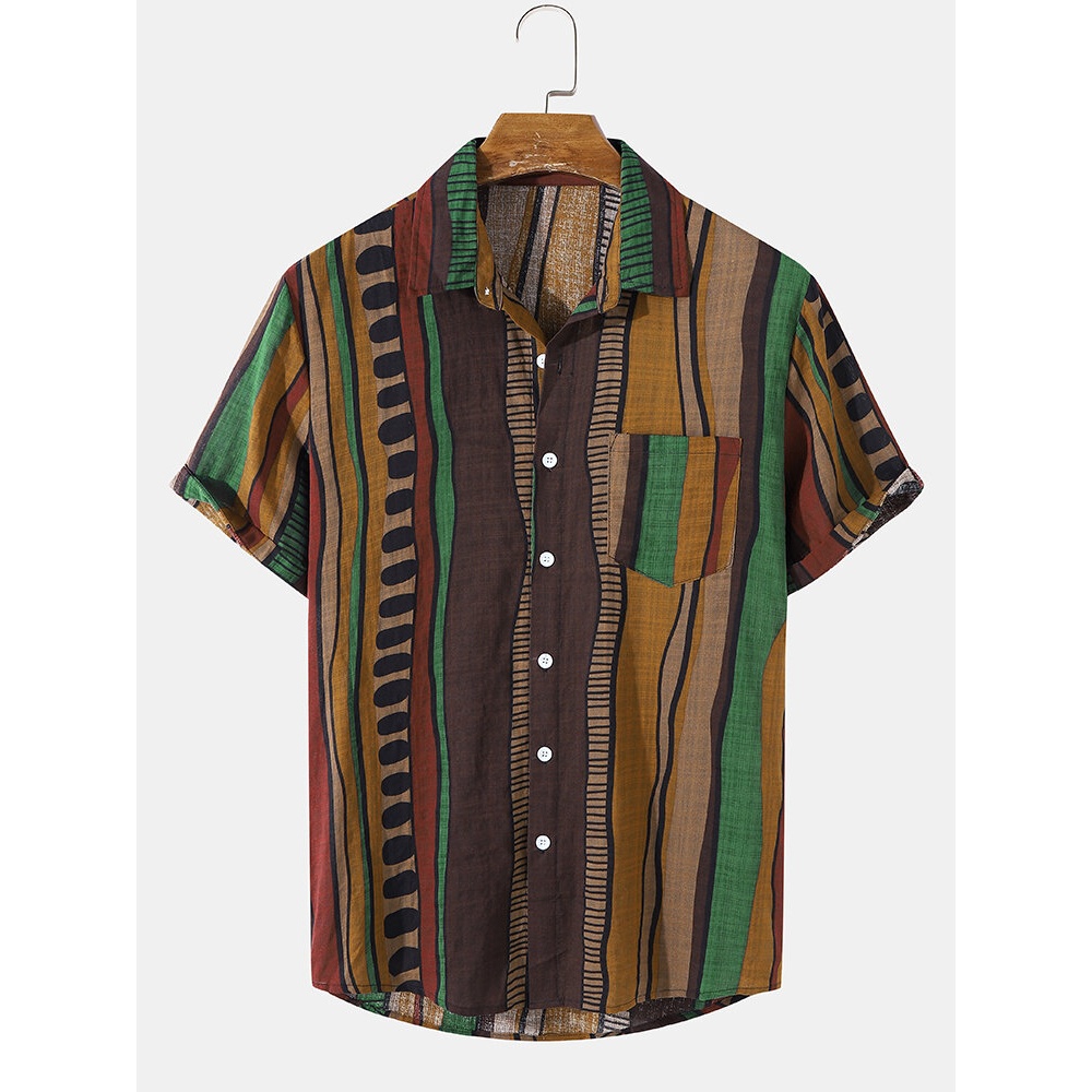 Mens Wave Striped Pocket Lapel Button Up Shirts - Green 2XL