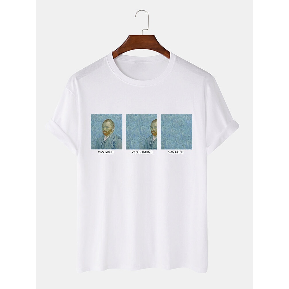 Mens Van Gogh Funny Pattern Short Sleeve Crew Neck 100% Cotton T-Shirts - Black S
