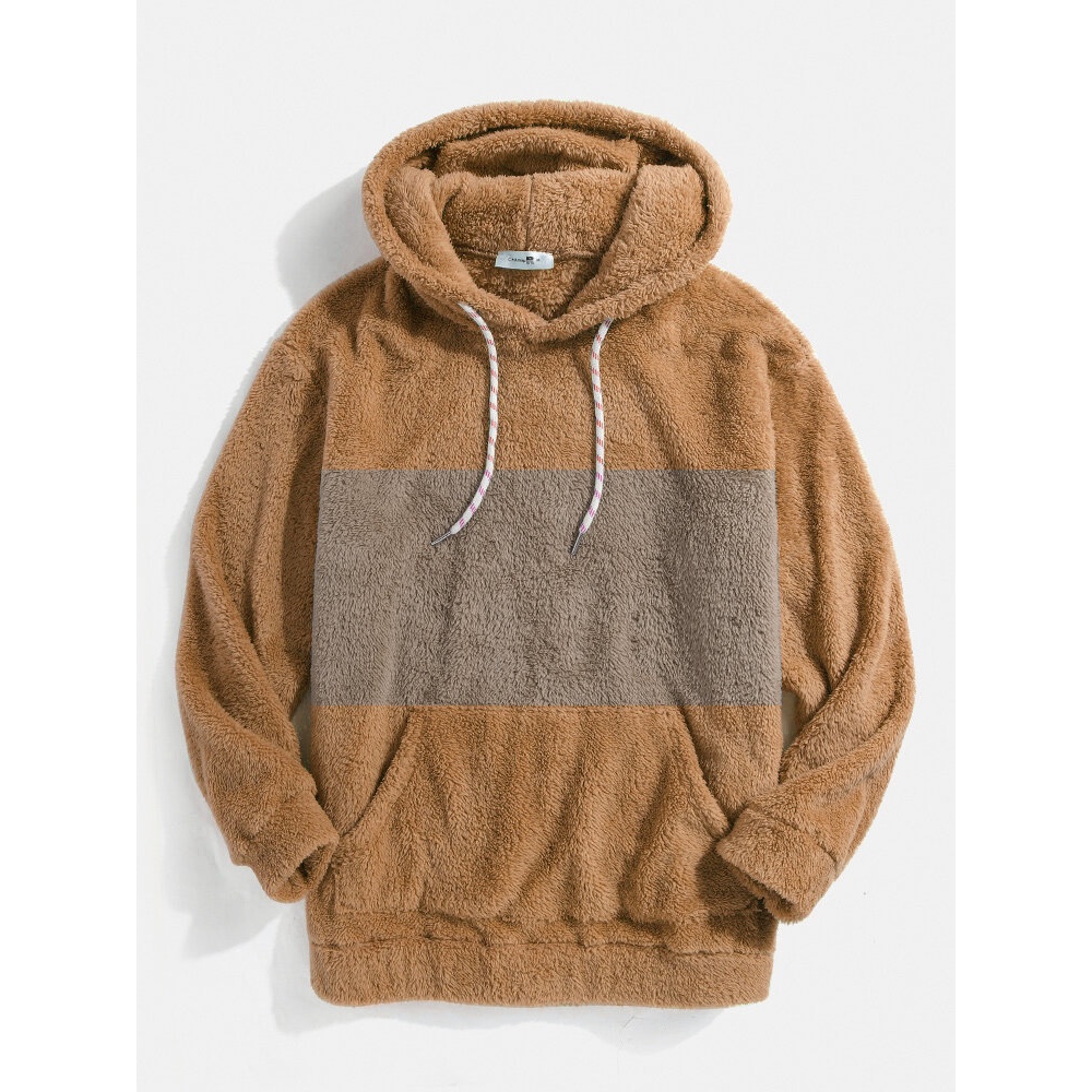 Men Patchwork Contrast Drawstring Casual Hooded Sweatshirt - Khaki S