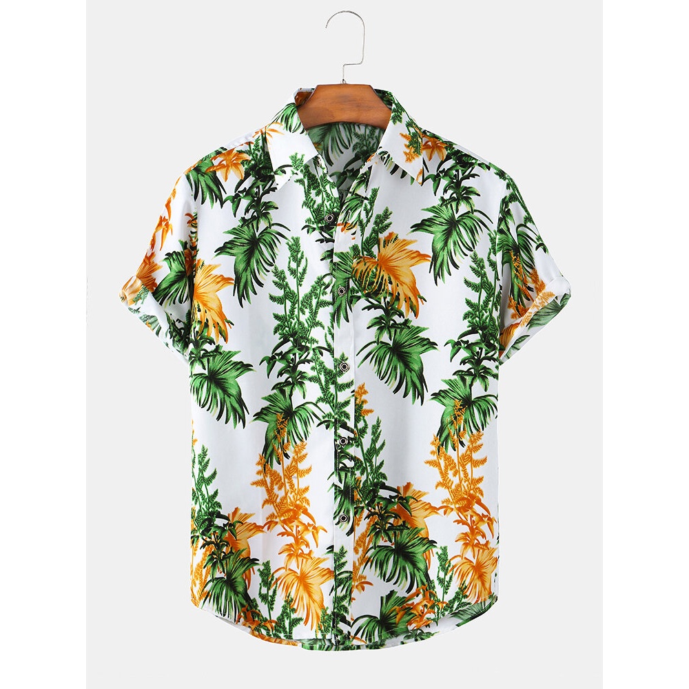 Mens Tropical Leaves Print Lapel Collar Holiday Casual Short Sleeve Shirts - White XS
