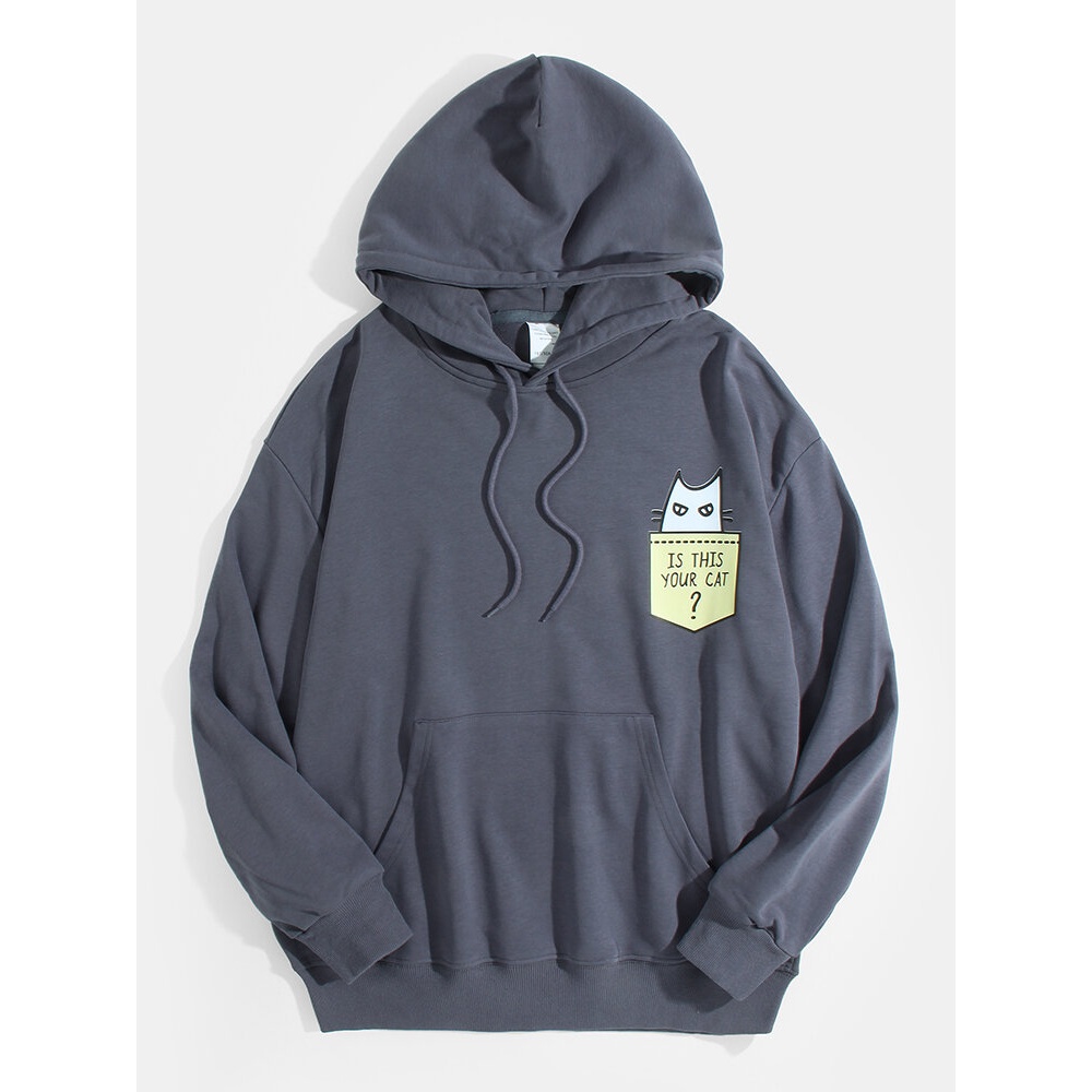 Mens Cotton Cartoon Cat & Slogan Print Hoodie With Kangaroo Pocket - Black L