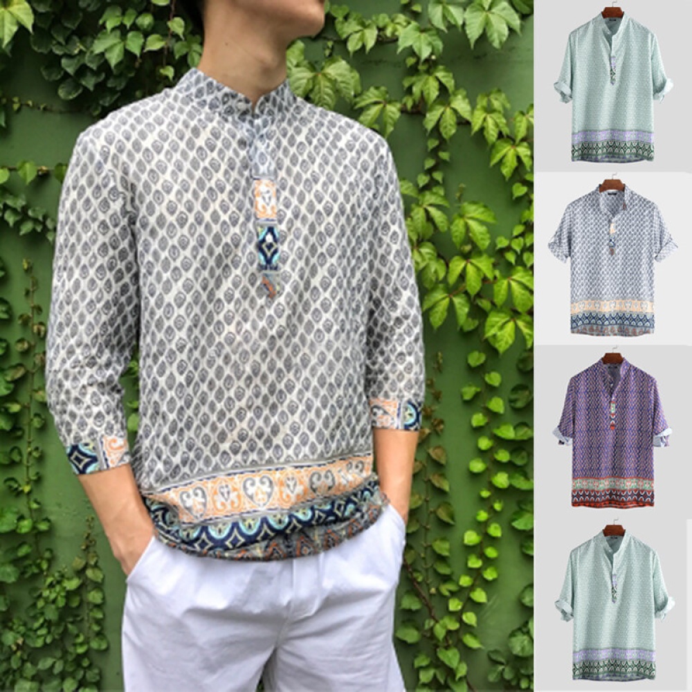 Men's Ethnic Style Printed Half Sleeve Shirts Loose Casual Henley Shirts Blouse - S Red