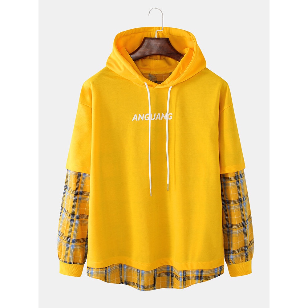 Mens Plaid Patchwork Letter Back Print Cotton Casual Drawstring Hoodies - Pink L