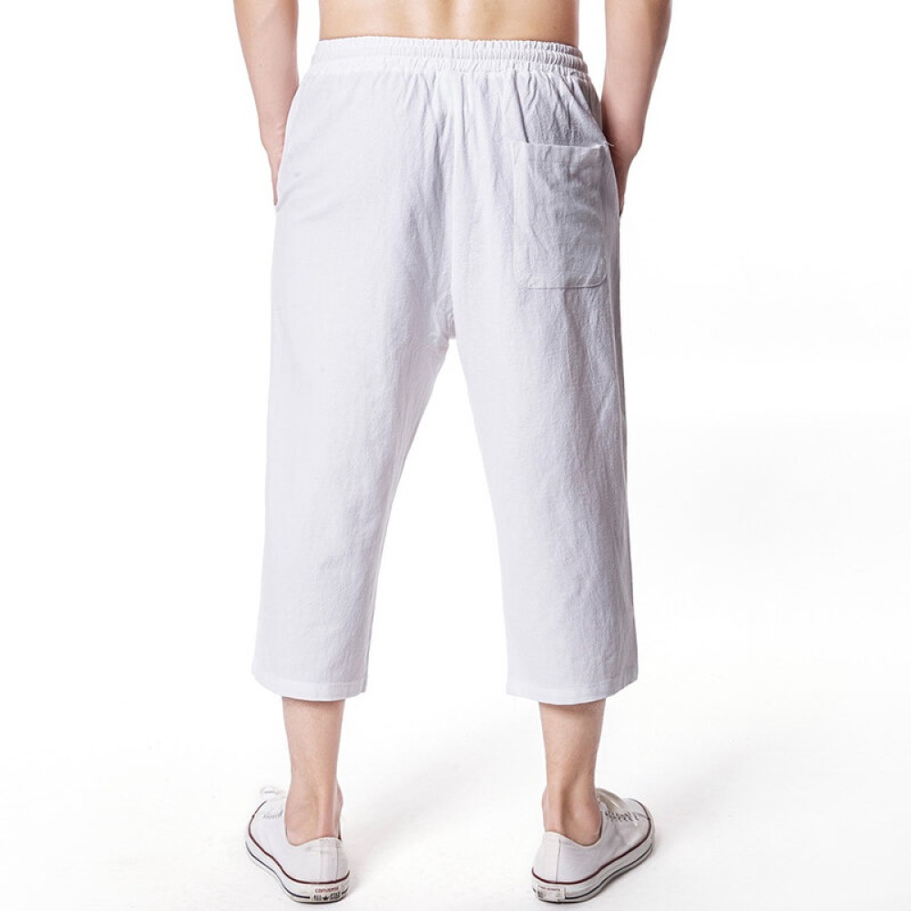 Beach Casual Baggy Linen Calf-Length Pants - M White - Image 2