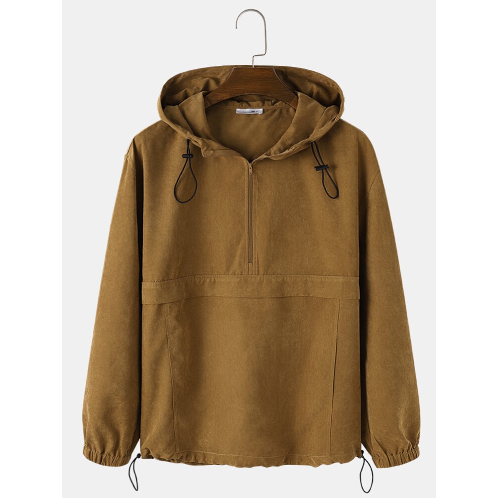 Mens Solid Color Half Zipper Drawstring Hem Hoodie With Kangaroo Pocket - Brown S