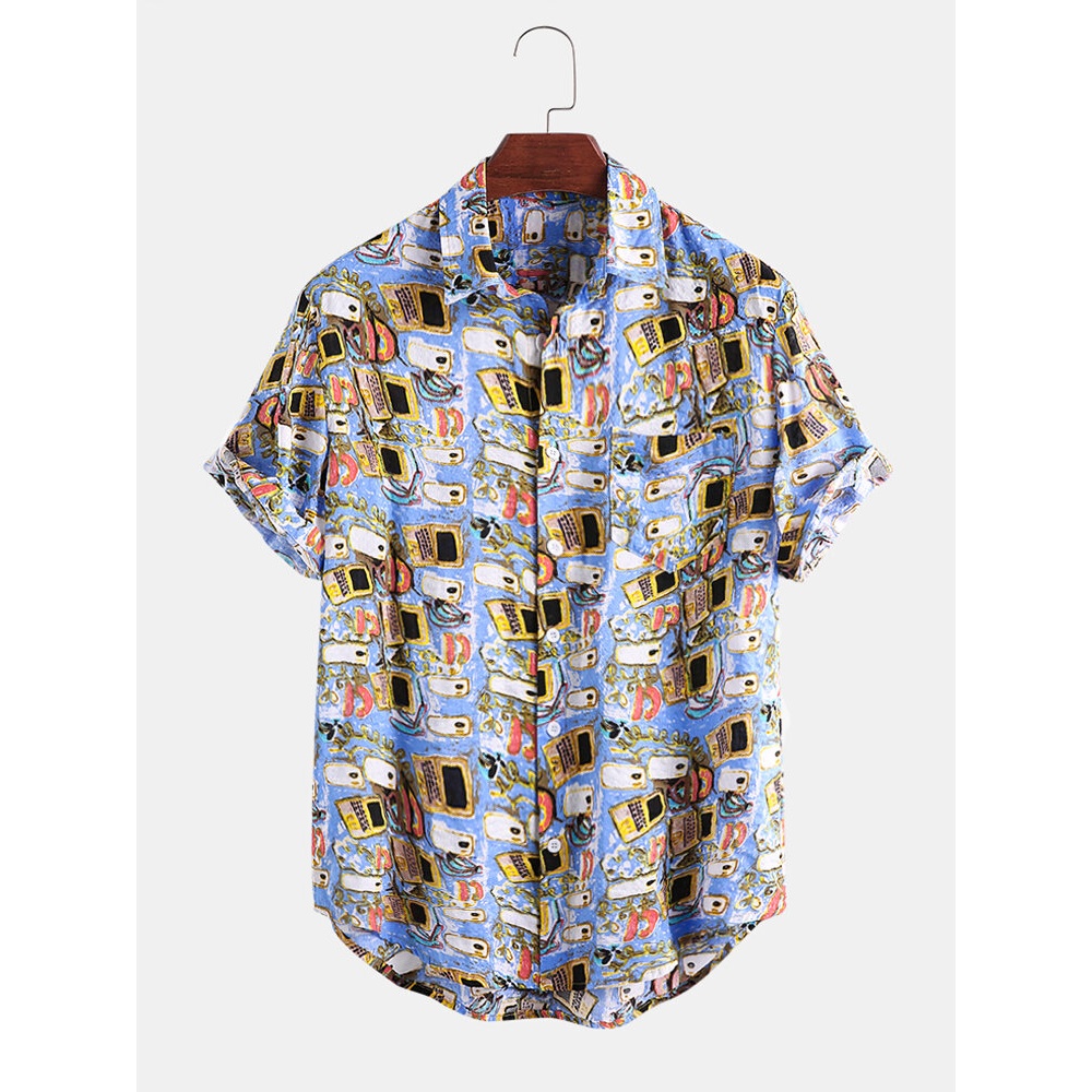 Mens Fashion Abstract Patterns Printing Turn Down Collar Casual Shirts - Red M