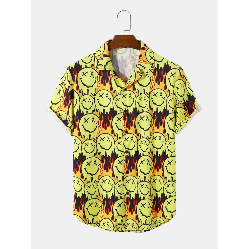 Mens All Over Smile Pattern Revere Collar Street Curved Hem Shirt - Yellow S