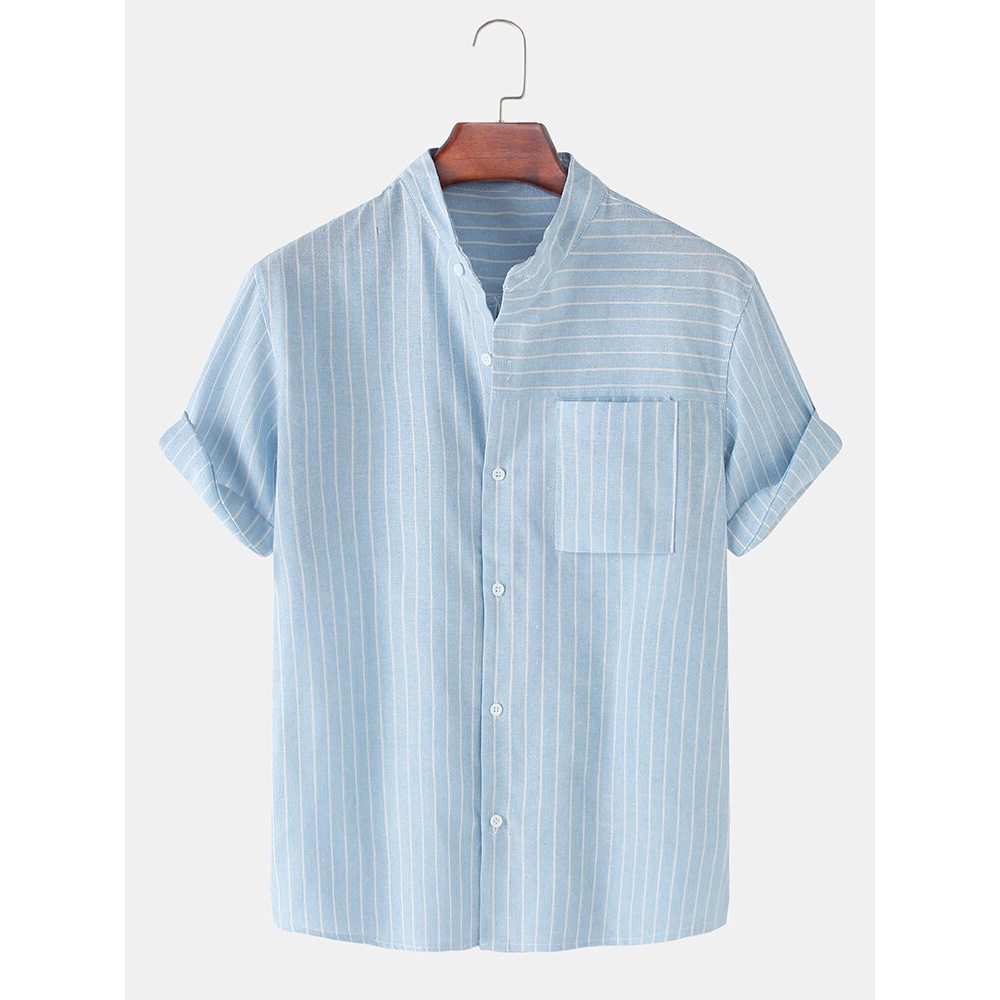 Design Stripe Stand Collar Short Sleeve Cotton Breathable Shirts With Pocket - Dark Grey L