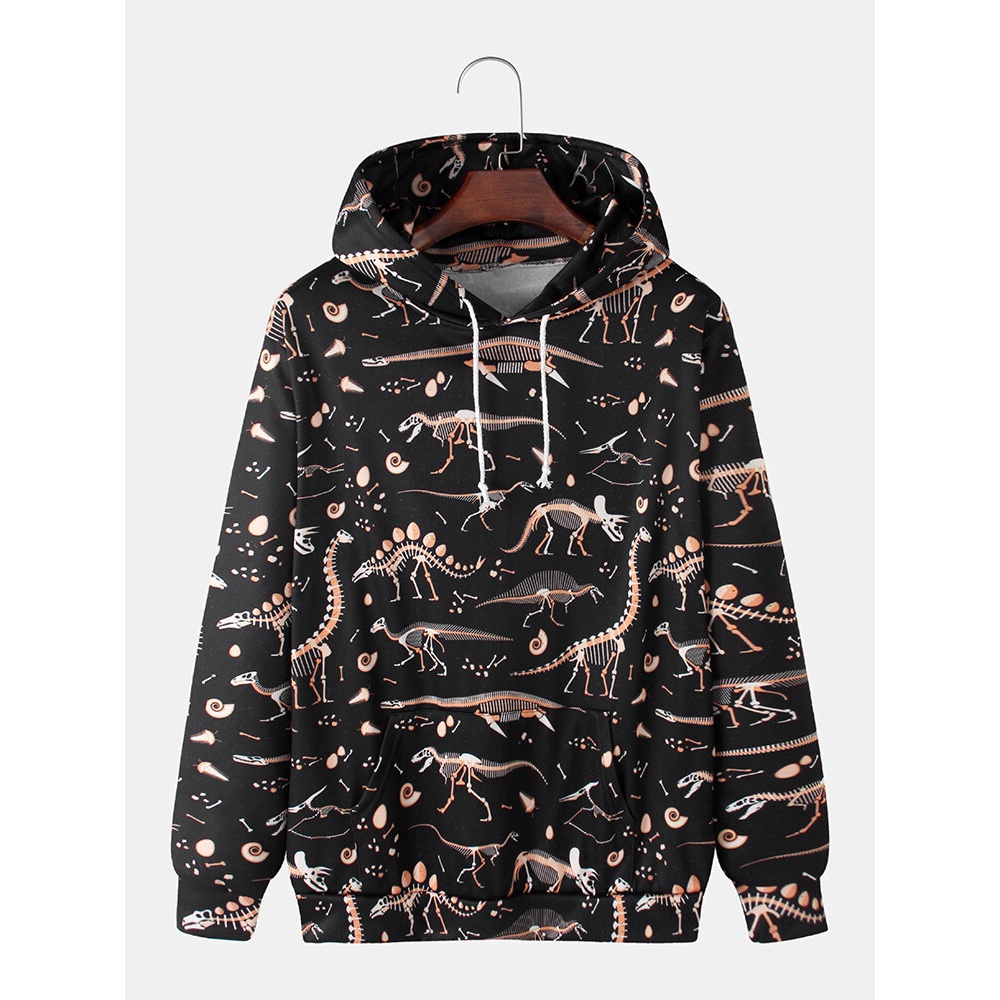 Mens Allover Dinosaur Fossil Print Loose Casual Kangaroo Pocket Drawstring Hoodies - Black XL