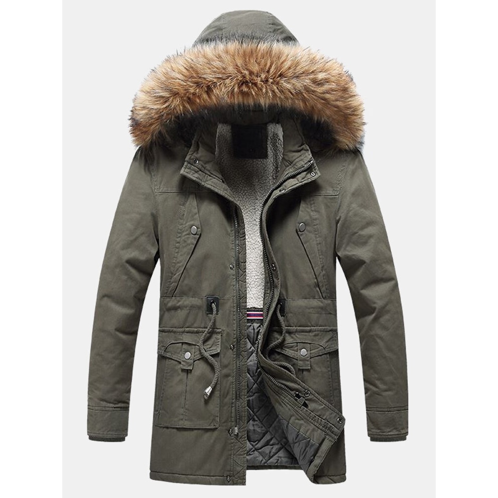 Mens Warm Solid Color Windproof Multi Pocket Detachable Faux Fur Collar Hooded Coat - M Black