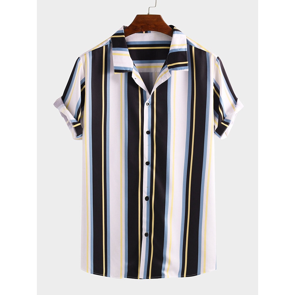 Mens Contrast Color Striped Short Sleeve Loose Stylish Shirt - XL #01
