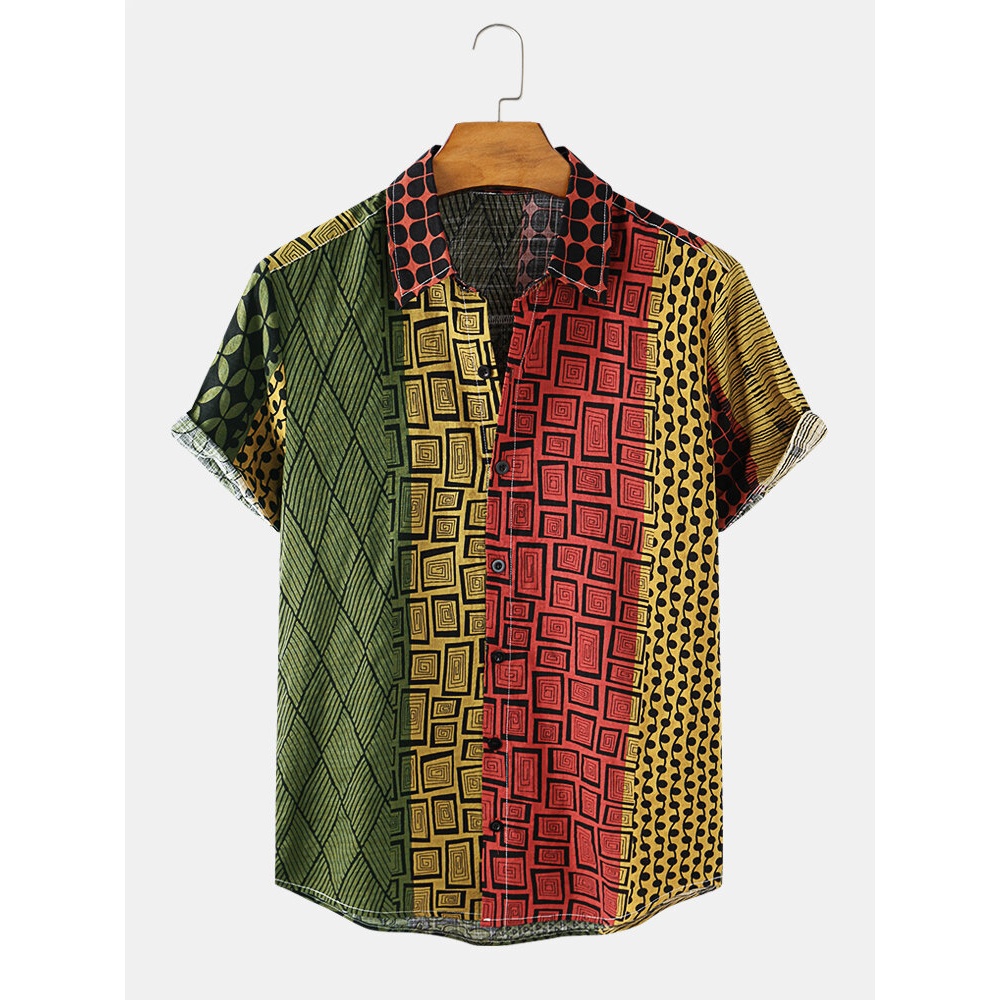 Cotton Mens Design Geometric Print Multicolor Patchwork Short Sleeve Casual Shirts - Colorful S