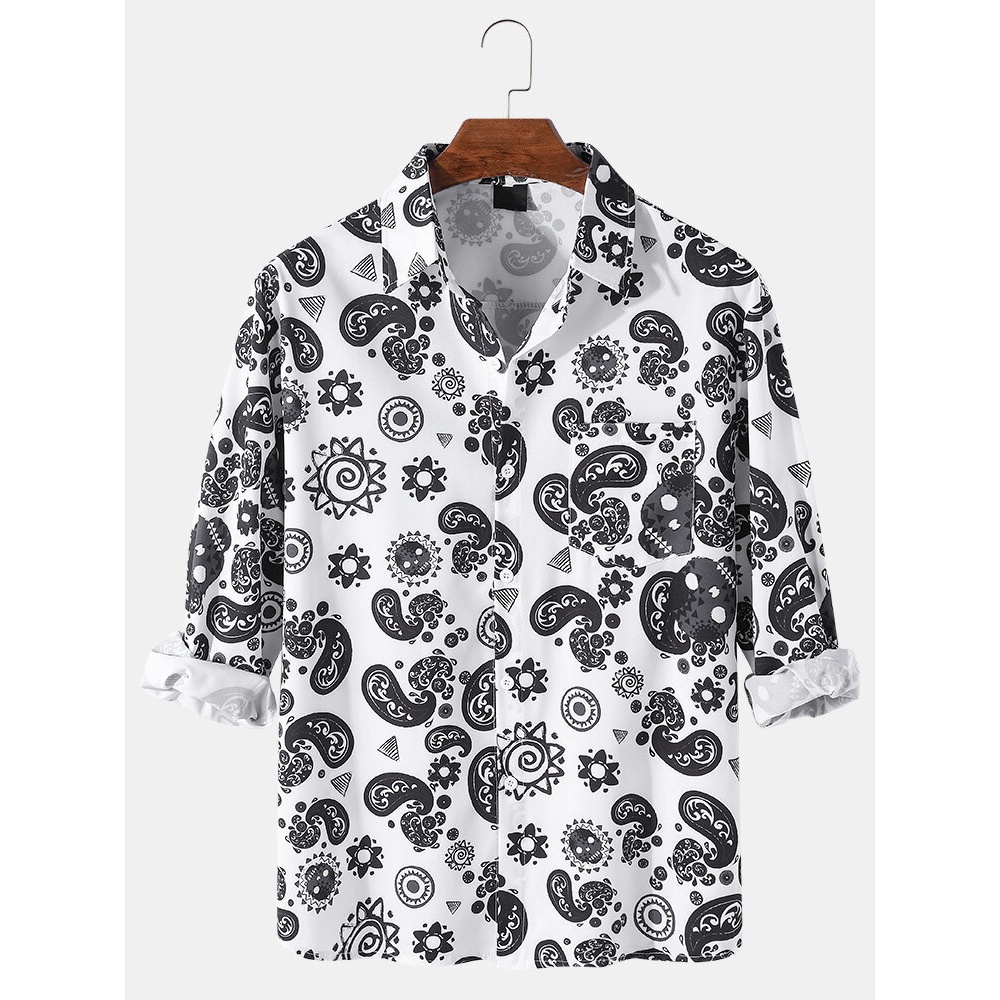 Mens Paisley Print Print Button Up Ethnic Style Long Sleeve Shirts - White M