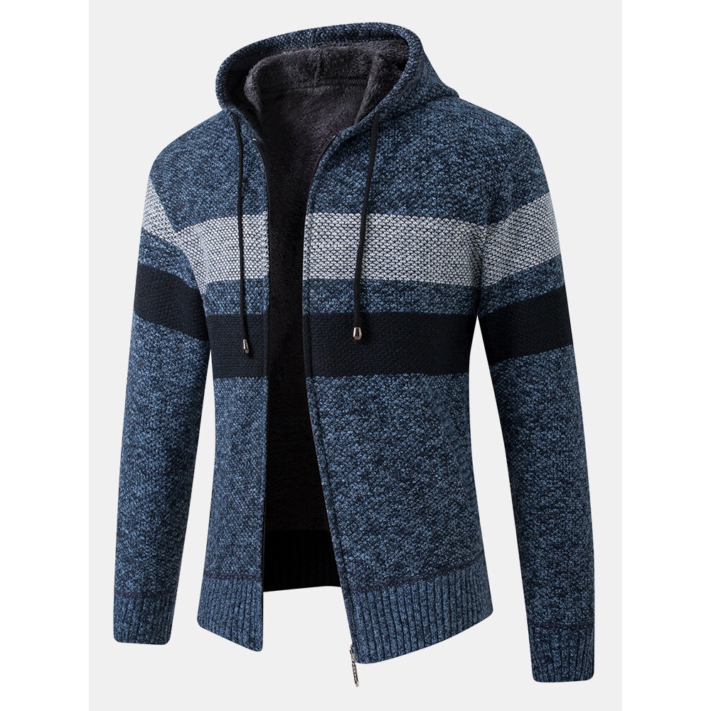 Mens Stripe Colorblock Zipper Thick Warm Knitting Sweater Hoodie Jacket - S Wine Red