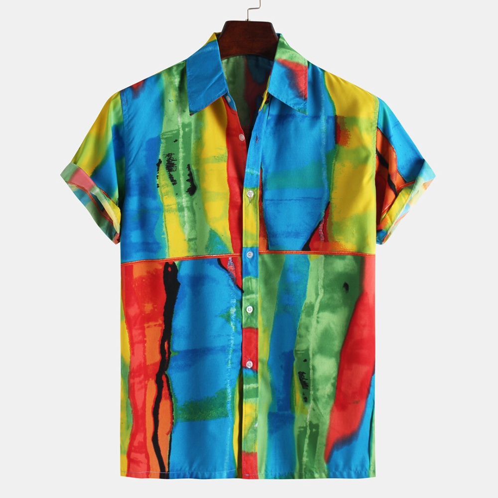 Mens Summer Colorful Printed Short Sleeve Casual Shirts - M Green
